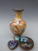 A Chinese cloisonne vase and two trinket boxes,