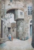 J Juliana continental 19thC watercolour of a street scene with lady resting,