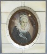 A 19thC portrait miniature on ivory of a lady with jewels and frilled robe wearing an order,