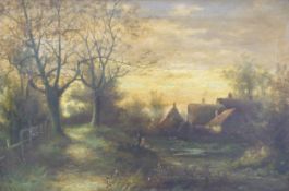 Peter Leslie framed oil on canvas of figures in a wooded landscape by a mill, signed lower right,