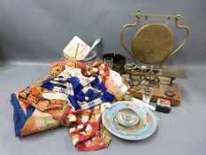 Postage scales with weights, brass gong, bone items Russian box, textiles etc.