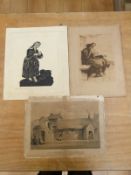 A Germanic paper cut of a lady signed and dated 1846, together with two further prints.