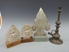 Three Burmese stoneware roof finials a hookah pipe base,