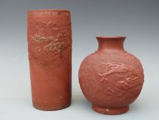 Two Japanese stoneware vases with dragon decoration, the tallest with impressed mark to base,