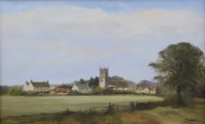 E J Wilson modern oil on board likely local Cotswold village scene, signed lower right,