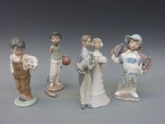 A Lladro figure group of couple getting married together with three Nao figures including a boy