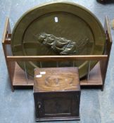 An oak tobacco cabinet and a warming pan, brass plaque.