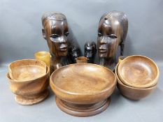 A collection of treen including two pairs of African busts,