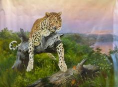 A large oil on canvass of a leopard lying on a tree stump with elephants watering beyond,