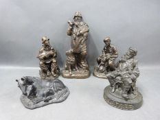 A group of five figures to include three Heredites bronzed figures of a farmer,