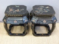 A pair of Japanese lacquer tables or jardienere stands decorated with birds and flowers (H46 x Dia