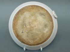 A 19thC tin glazed dish, hand decorated with scene of dancers and musician in rural setting,