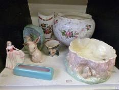 Sylvac pixie jardiniere, further Sylvac, Wedgewood figure, Poole, Doulton character jug etc.