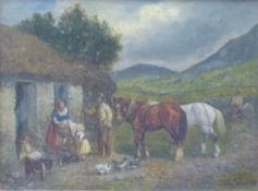 Alessandro Castelli (1809-1902) oil on canvas of a farmyard scene with figures and horses outside,