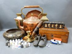 Copper kettle, heavy brass Cairo ware vases, child's leather shoes, porcupine quill box,