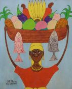 Seymour Etienne Bottex (haiti 1922 - 2016) Acrylic on board, lady carrying produce on her head,