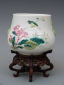 A 19thC Chinese pot with hand painted and relief moulded decoration on a 19thC hardwood stand,