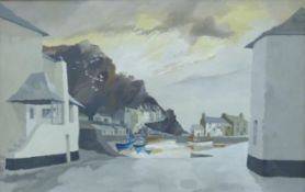 Frederick T W Cook (1907-1982) framed watercolour, Cornish harbour scene Polperro,