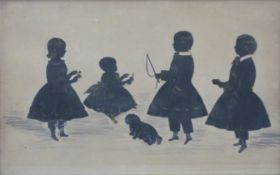 A Victorian silhouette of children with a dog, inscribed verso, 'Taken 1853 William, John,