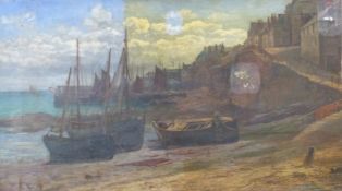 Colin Hunter (1841-1904) oil on canvas fishing boats below a village, possibly Scottish,