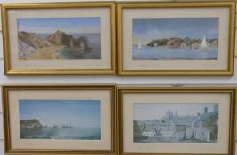 Four Rachel Long sighed prints comprising Browsea Island, Durdle Door, Corfe Castle and The Needles,
