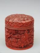 A 19thC/20thC Chinese cinnabar covered copper pot decorated with Chinese scenes,
