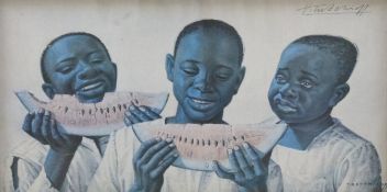 Tretchikoff signed print of three children eating melon,