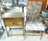 An oak side table with drawer and an upholstered oak armchair (H75 x W60 x D40cm)