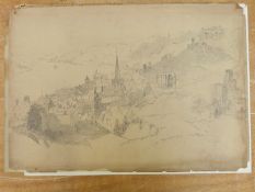 J B Pyne pencil sketch 'Bacharach on the Rhine' 38 x 53cm,