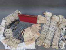 A quantity of handmade cotton lace, lace making items, vintage steel scissors etc.