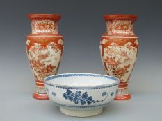An 18thC Delft punch bowl together with two Japanese Kutani vases with floral decoration,
