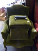 An upholstered armchair and a footstool