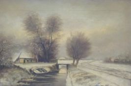 Louis Apol (Dutch 1850-1936) oil on canvas of a Dutch village scene with a boat by a stream,