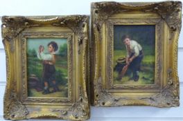 A pair of oils on board of boys playing cricket, each 16 x 11cm,
