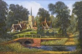 Malcolm Gearing modern oil on canvas village landscape, signed and dated 81 lower left,