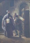 A Victorian oil on panel jailler letting a lawyer in through door, monogrammed EC or CE lower left,