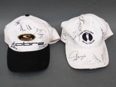 Two golf caps signed by numerous golfers including Justin Rose and Paul Casey