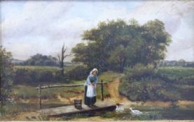 J Barlow Victorian oil on panel of a lady feeding ducks, signed and dated 1877 lower left,