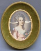 A portrait miniature of a lady holding flowers, signed possibly Dimant, max diameter 11.