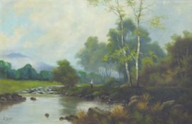 Jack M Ducker possibly Scottish river landscape with figure, signed lower left, in gilt frame,