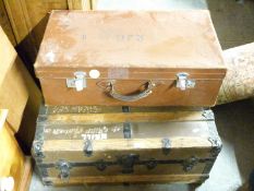 An ash and metal bound trunk and a leather case
