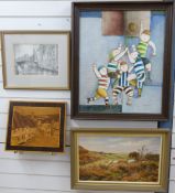 Four framed pictures to include oil on canvas of sheep in moorland signed Della,