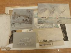 A collection of watercolours, pencil sketches etc to include landscapes, figures, sailing boats,
