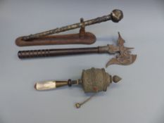 Three items to include a Tibetan white metal prayer wheel with bone handle,