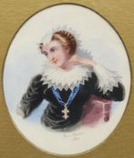 Geo Brown 1880 miniature watercolour on oval, young lady in lace bonnet, collar and cuffs,