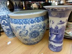 Three Chinese blue and white vases and a large Chinese fish bowl