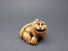 A Japanese Meiji period carved ivory netsuke of a tiger,