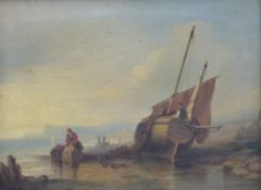 A 19thC maritime oil on canvas beached boat with catch being offloaded and further coastal