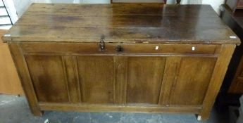 An 18thC oak panelled chest with simple loop hinges and bent metal clasp (H81 x L160 x D63cm)