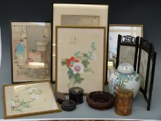 A collection of items including Chinese ginger jar, screen, lacquer pots, prints,